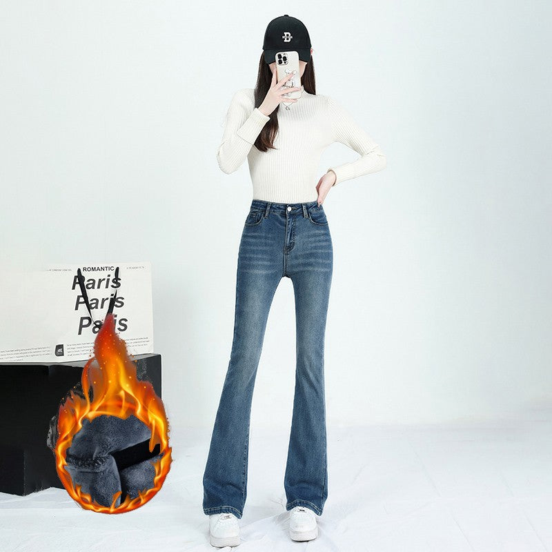 Winter Female Thin Snow Warm Plush Jeans Lady Chic Fleece Flared Pants Girls Korean High Waist Straight Leg Denim Trousers
