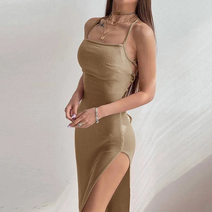 Sexy Black Long Bodycon Dress Women Summer Sleeveless Blackless Halter Neck Spag