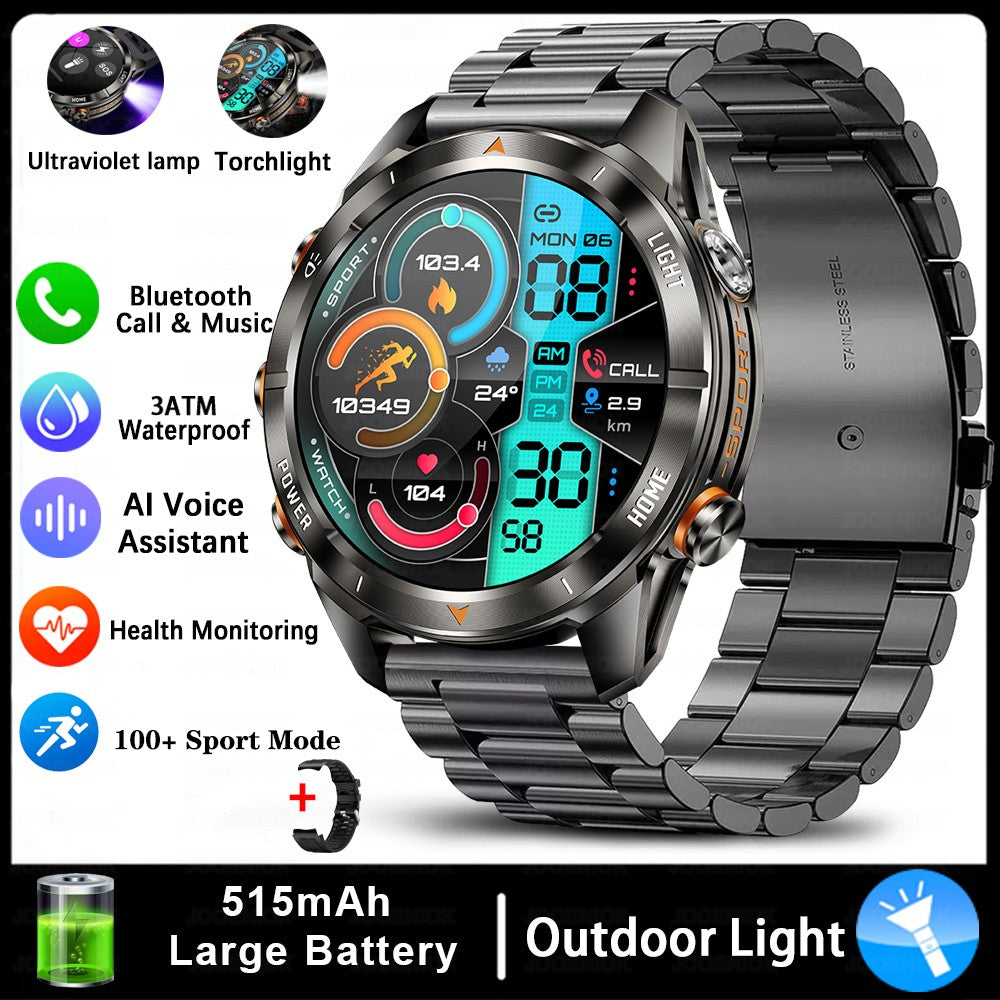 New Outdoor Sport Smart Watch Men 1.46" AMOLED Screen LED Flashlight 515mAh Battery 10ATM Waterproof Bluetooth Call Smartwatch