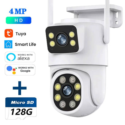 Câmera WIFI PTZ de Lente Dupla Tuya 4K 8MP para Exterior com Tela Dupla Ai Detecção Humana Automática Segurança com Alexa Google