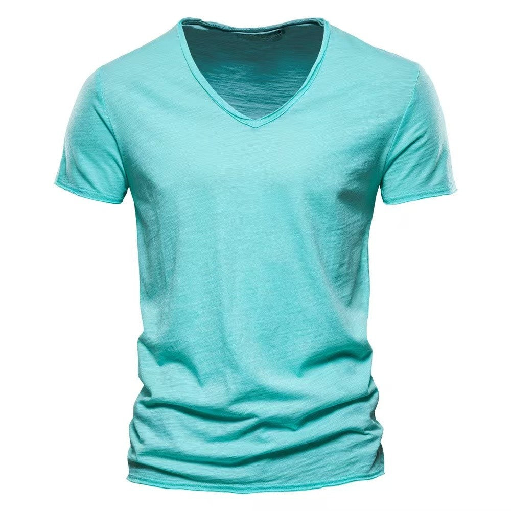 2024 hot summer men's new solid color V-neck pure cotton short sleeved T-shirt hot selling men's T-shirt top