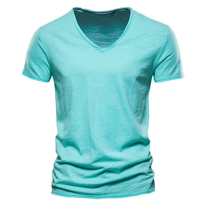 2024 hot summer men's new solid color V-neck pure cotton short sleeved T-shirt hot selling men's T-shirt top
