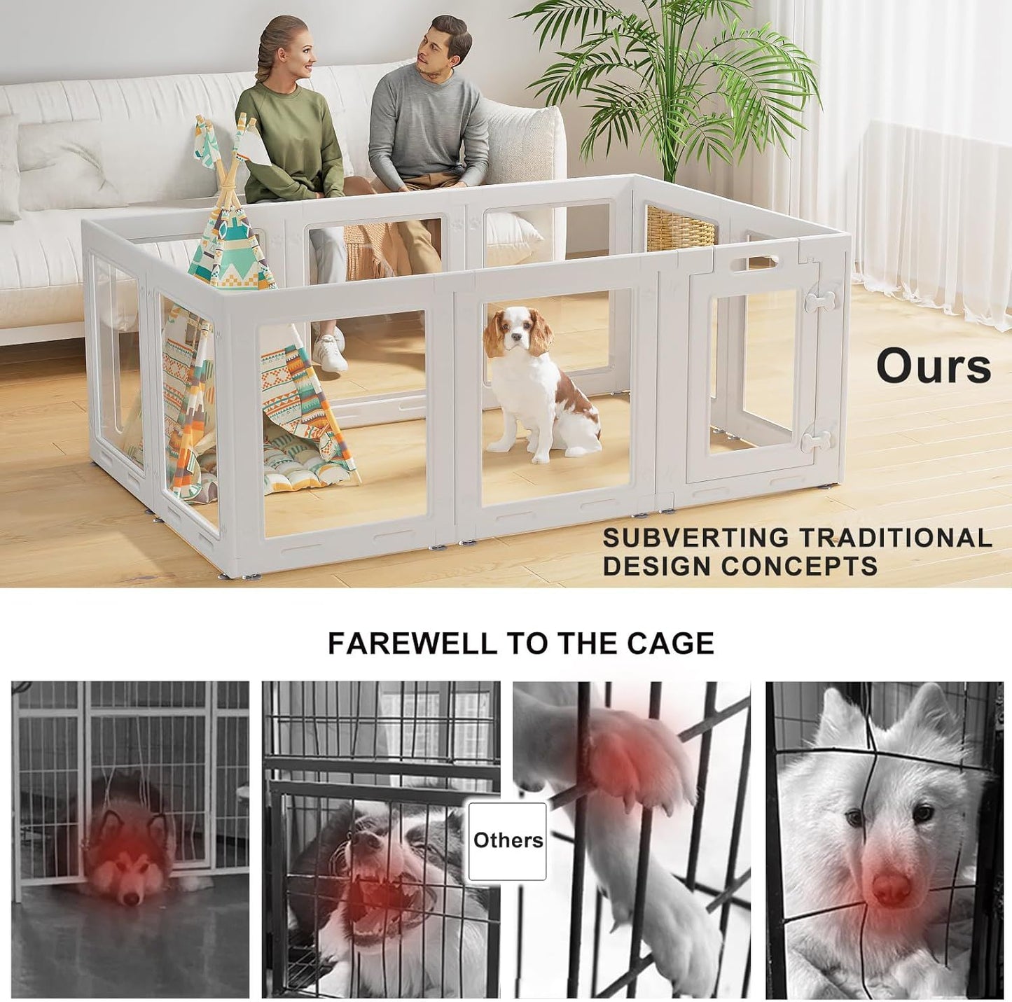 Cercadinho Transparente Acrílico para Filhotes 60cm com Porta, Cerca Interna para Pequenos Cães de 10 Painéis, Fácil de Montar (Branco)