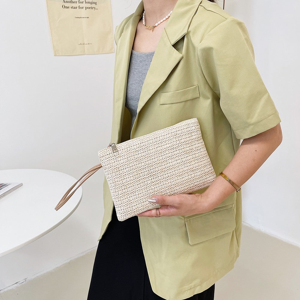 Fashion Women Bohemian Woven Clutch Wristlet Bag Casual Ladies Beach Summer Solid Color Small Handbags Purse White Beige Gifts