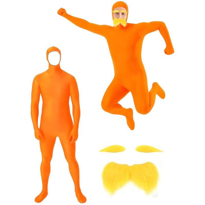 Adult Orange Zentai Bodysuit Open Face Skin Tight Jumpsuit with eard Eyebrow Halloween Cosplay Costume Unisex Full Coverage