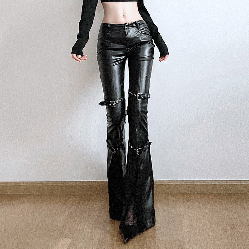 PU Leather Flare Pant Goth Buckle Lace Patchwork Pants Women Fashion Y2K Streetwear Vintage Aesthetics Casual Pants Trousers