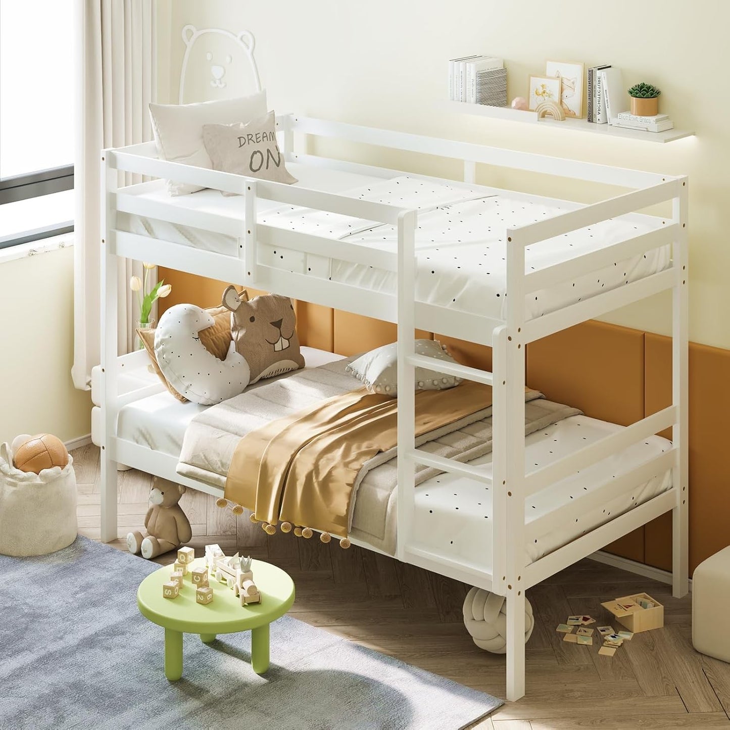 Beliche de Madeira Maciça Branca Twin Over Twin com Escada Resistente e Grades de Proteção de 12 Polegadas, Cama de Madeira Tamanho Twin F