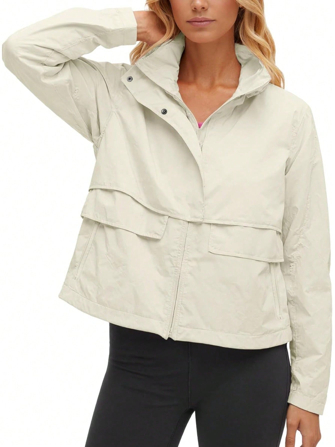 Fisoew Womens Cropped Jacket Zip Up Lightweight Hooded Trench Coat Active Outdoor Windbreaker Raincoat with Pockets