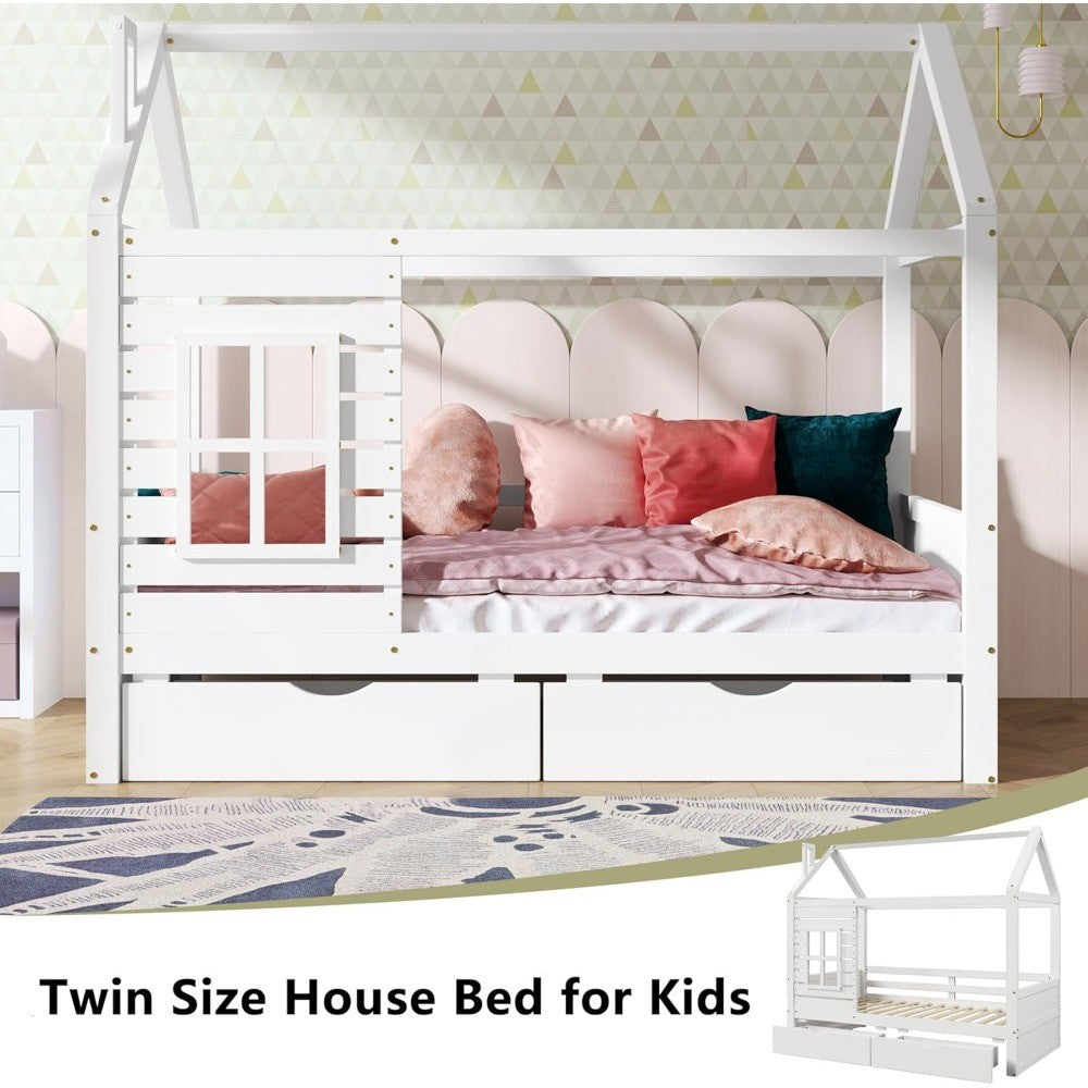 Cama Infantil Aoowow com Cama de Casa de Tamanho de Solteiro e 2 Gavetas, Estrutura de Cama de Madeira de Solteiro com Janela e Telhado para Quarto, Cama Infantil de Tamanho de Solteiro Moderna Pla