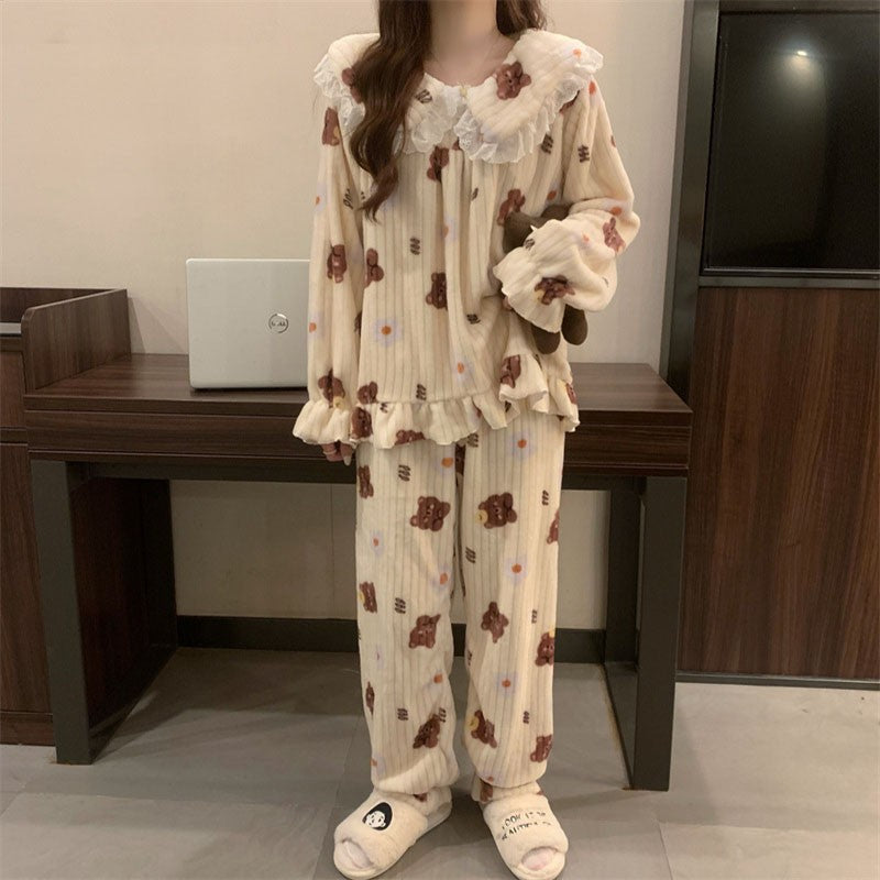 Warm Sleepwear Small Bear Peach Coral Velvet Two-Piece Set Women Pajamas Autumn and Winter Thickening Home Wear School Sleepwear