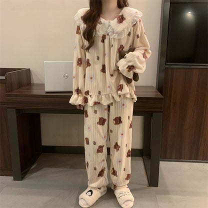 Warm Sleepwear Small Bear Peach Coral Velvet Two-Piece Set Women Pajamas Autumn and Winter Thickening Home Wear School Sleepwear