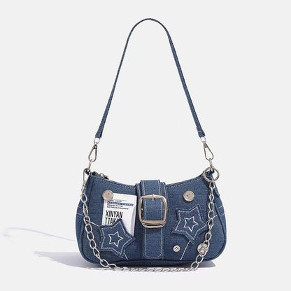 Y2k Fashion Women's Handbags Stars Pattern Cool Girls Underarm Bag Vintage Canvas Female Small Shoulder Bags Chain Tote Purses