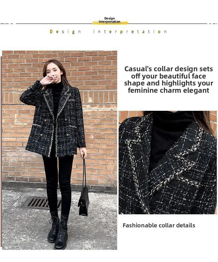 Thickened Cotton Tweed Coat for Women Spring Loose Plaid Outerwear Cozy Style Large Size Patchwork Small Suiting