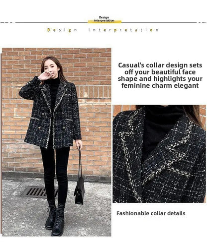 Thickened Cotton Tweed Coat for Women Spring Loose Plaid Outerwear Cozy Style Large Size Patchwork Small Suiting