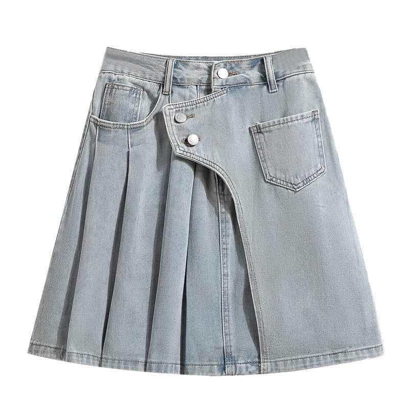 Plus Size Denim A Line Skirt With Lining 2024 Summer New Korean Fashion Pleated Midi Jean Skirt Woman Blue Color Jeans Skirts