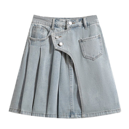 Plus Size Denim A Line Skirt With Lining 2024 Summer New Korean Fashion Pleated Midi Jean Skirt Woman Blue Color Jeans Skirts