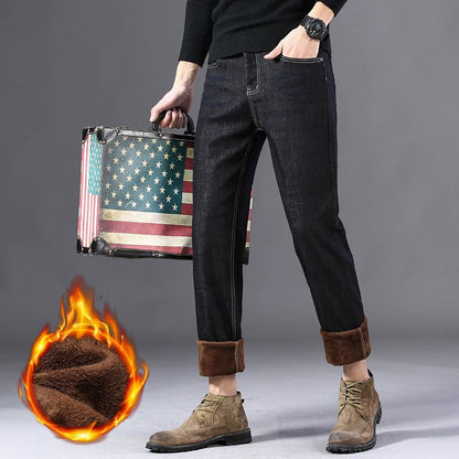 Men New Winter Warm Jeans Male Fleece Lined Thickened Denim Pants Loose Straight Cold Protection Casual Breathable Trousers