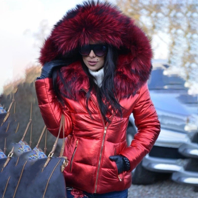 Women’s Short Coat with Fur Collar Winter Warm Quilted Jacket Outerwear