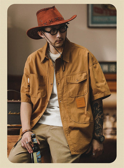 2025 Summer Men's Multi-pocket Oversized Short Sleeve Shirts High Street Fashion Cargo T-shirt New American Casual Y2K Shirt