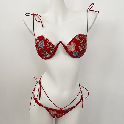 DEBAIOR 2025 Women Bikini Set Floral Embroidery Lingerie Set Women Sheer 2-Piece Boho Bra + Panty Underwear Set Intimates