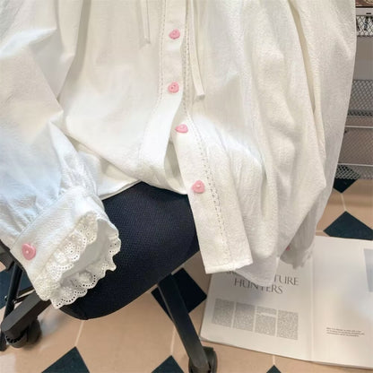 Japanese Kawaii Cute Lolita Blouses Women Vintage Sweet Schoolgirl Lace Peter Pan Collar Shirts Spring Embroidery Y2k Tops Mujer