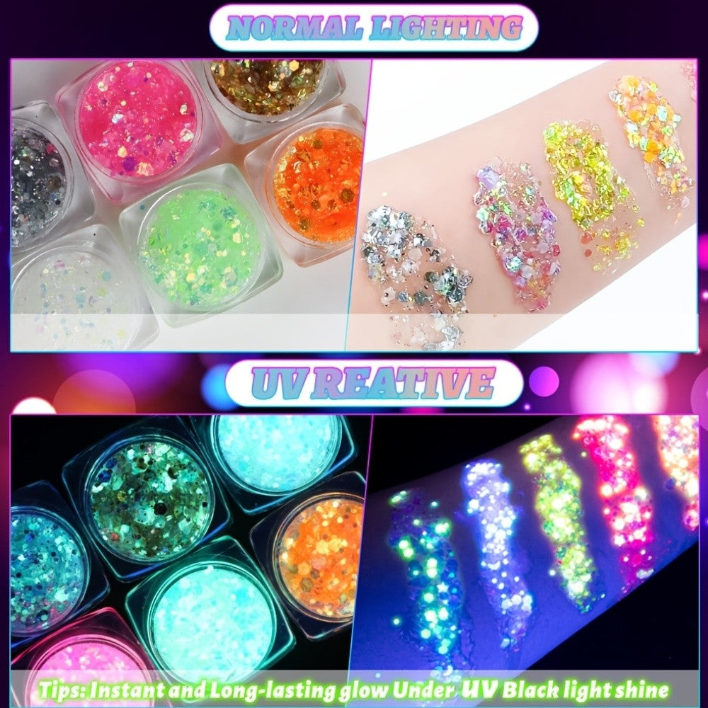 6pcs Glow in The Dark Glitter Gel Water-Based Chunky Glitter for Mardi Gras Christmas Carnival Rave Festival Outfits