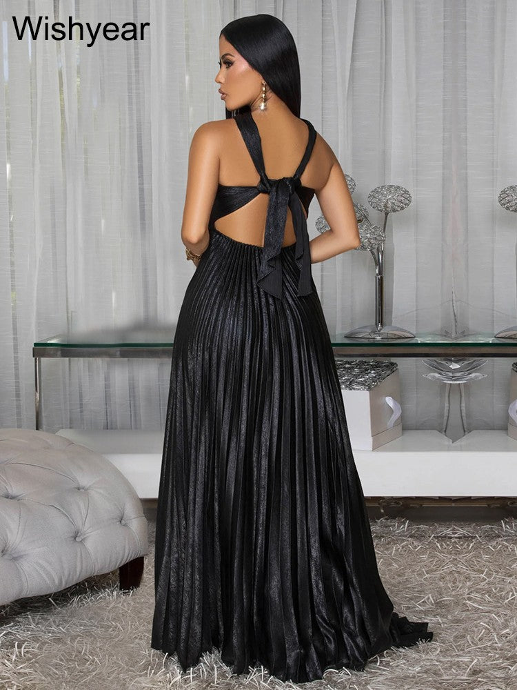 Wishyear Women's Sexy Ruched Patchwork Bodycon Dress Halter Sleeveless Backless for Autumn Birthday Party Evening Christmas Prom