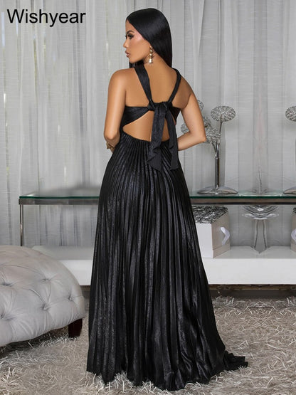 Wishyear Women's Sexy Ruched Patchwork Bodycon Dress Halter Sleeveless Backless for Autumn Birthday Party Evening Christmas Prom