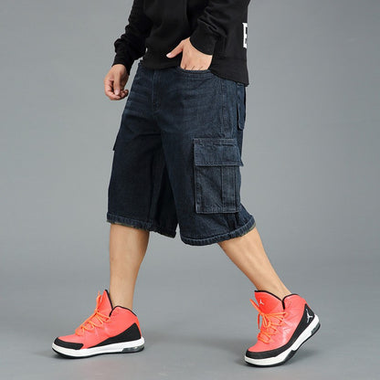 ABOORUN Mens Plus Size Loose Baggy Denim Shorts Fashion Streetwear Hip Hop Skateboard Cargo Jeans Short for Male R1402