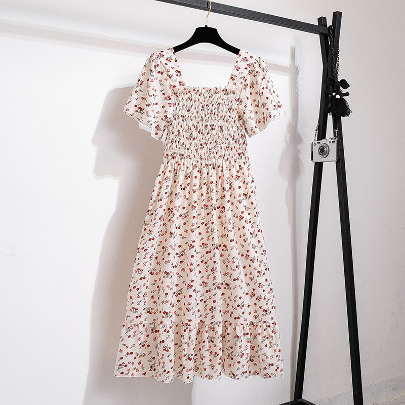 Spring Summer Chiffon Dress Women Midi DressesFemale Short Sleeve Elastic Waist