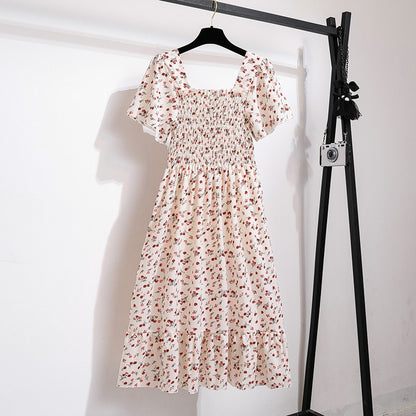 Spring Summer Chiffon Dress Women Midi DressesFemale Short Sleeve Elastic Waist
