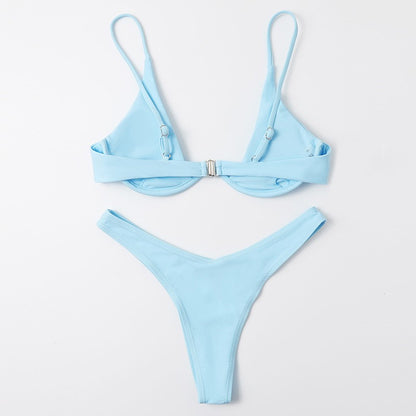 Sexy Underwire Bikini 2025 Mujer Women Solid Red Push Up Bra Thong Swimsuit Haler V Neck Bathing Suit Mini Micro Thong Swimwear