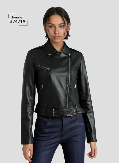 Women's Bright Red Long-sleeve PU Jacket, Lapel Collar Black Short Faux Leather Coat, Available in Dark Brown or Beige.