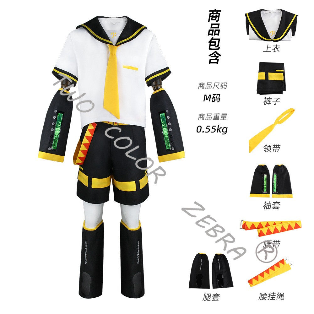 Vocaloid Kagamine Rin Len Cosplay Costume Sailor Uniform Full Set With Yellow Wig For Halloween Christmas Comic Party