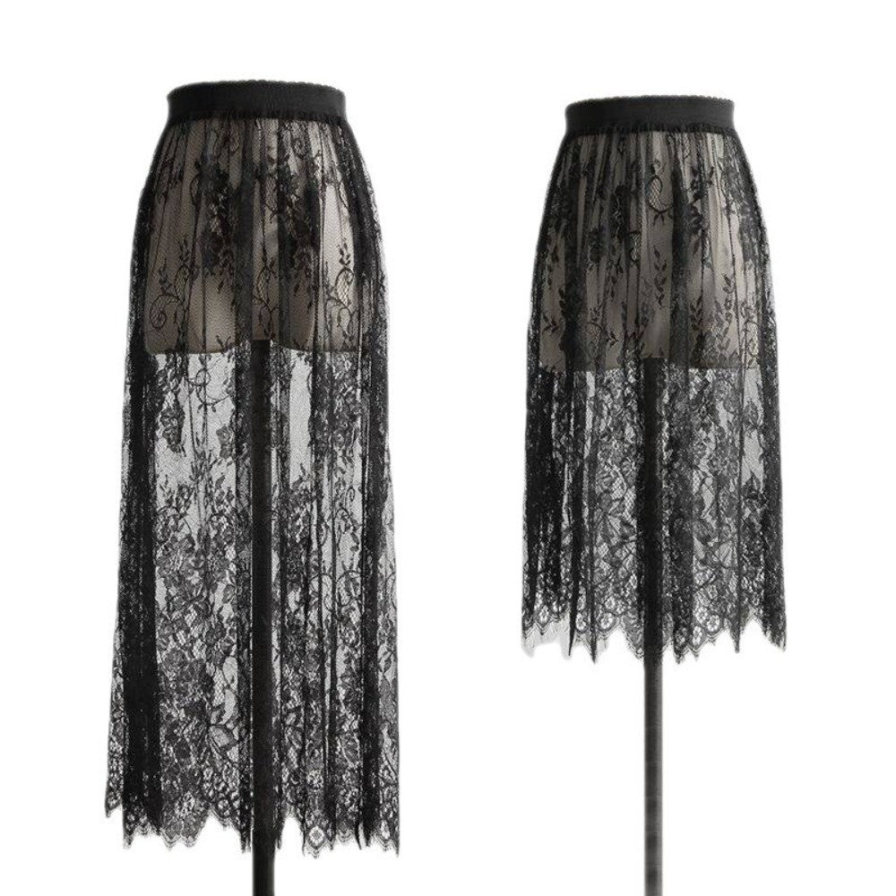 Fashion Transparent Sexy Lace Mesh Skirt Elegant 2 Length Midi Skirt Elastic High Waist Ladies Womens Skirt Ladies