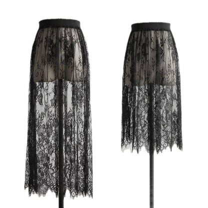Fashion Transparent Sexy Lace Mesh Skirt Elegant 2 Length Midi Skirt Elastic High Waist Ladies Womens Skirt Ladies