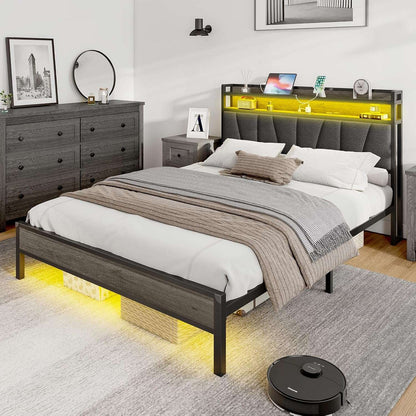 Estrutura de Cama Queen Size com Luzes RGB e Estação de Carregamento, Estrutura de Cama de LED com Cabeceira de Armazenamento Estofada em Linho, Serviço Pesado D
