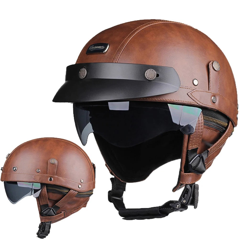 Retro Motorcycle Helmet PU Leather Moto Helmets Men Women Half Helmet HD Lens Casco Four Seasons Riding Scooter Capacetes