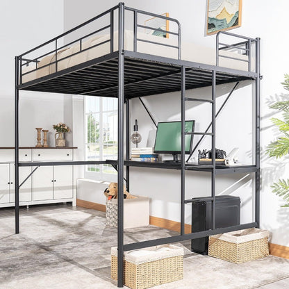 Cama Loft de Metal Tamanho Completo com Escrivaninha Embutida, 2 Estações de Carregamento, Luzes LED e Grades de Proteção para Crianças, Adolescentes e Adultos