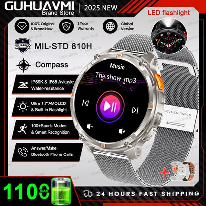 Smartwatch Masculino 2026 Novo Militar 1100mAh Bateria Tela AMOLED 1.7" Bússola GPS Lanterna Chamada Bluetooth 5ATM Natação