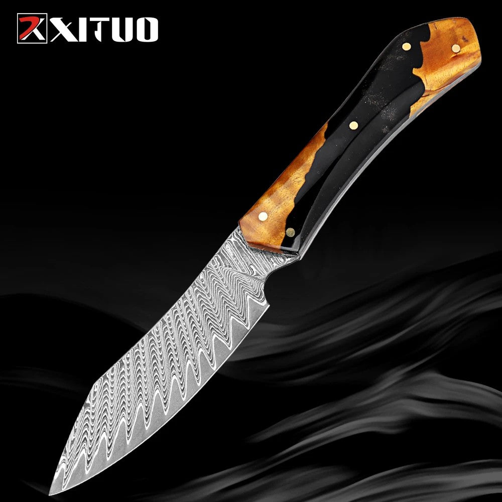 Conjunto de Facas de Chef XITUO Artesanais de Aço Damasco 1-5 peças, Facas de Cozinha Full Tang Extremamente Afiadas Santoku e Faca para Legumes, Cabo Ergonômico