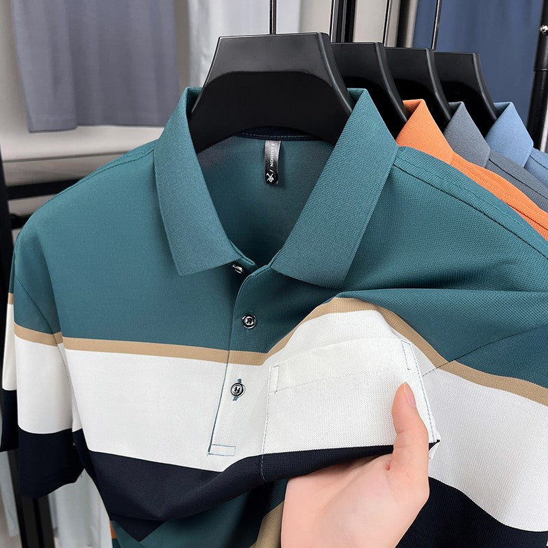 High-quality short sleeve polo shirt men fashion color striped pocket design summer new breathable trendy casual lapel T-shirt