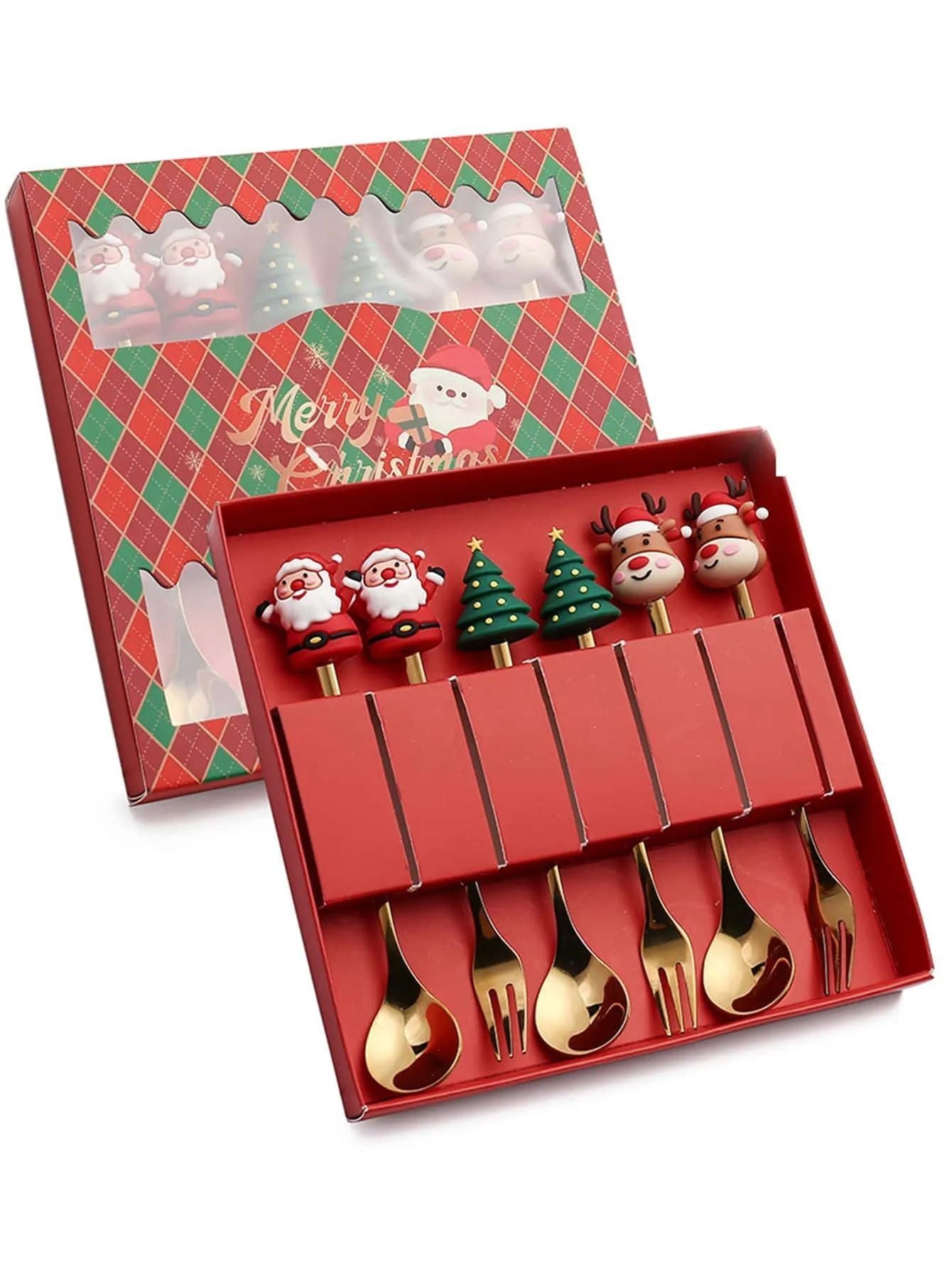Conjunto de Talheres com Tema Natalino Aço Inoxidável Faca Garfo Colher com Desenho Animado Criativo Conjunto de 2/4/6 Peças Presente de Fim de Ano Decoração de Talheres