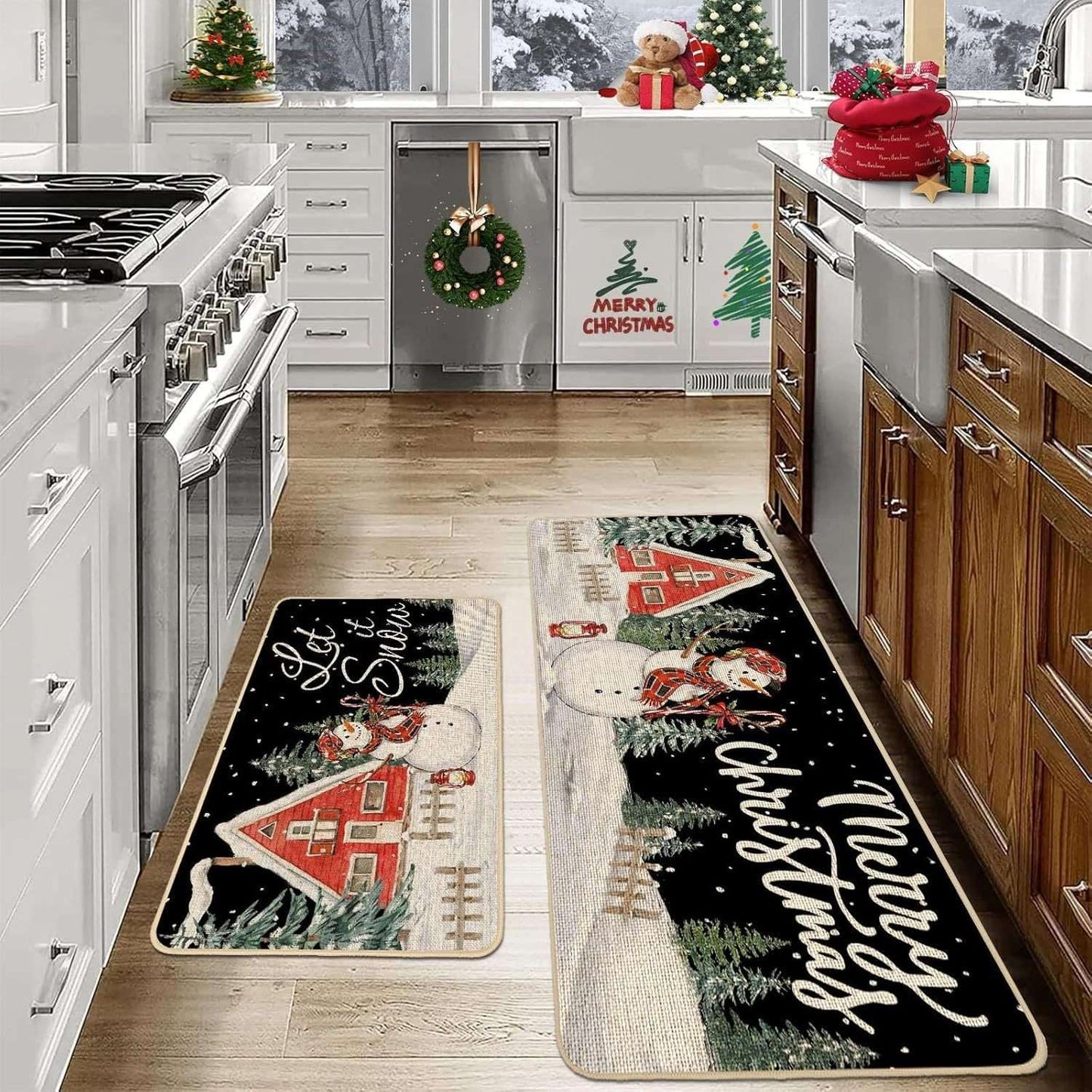 VIKAMA 2-Piece Christmas Festival Rug Set Kitchen Mat Combo, Entrance Hall Doormat Stain-Resistant and Easy-Care Home Decor