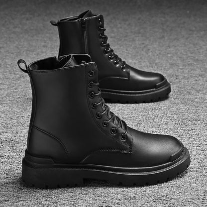 Black Men's Casual Leather Boots Fashion Winter Men Work Boot Mens Shoes Non-slip Designer High Top Ankle Boots Motorcycle Shoes