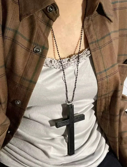 Personality Punk Trendy Cool Gothic Wood Cross Pendant NNecklace for Women Men Vintage Hip Hop Y2k Necklace Party Jewelry Gift