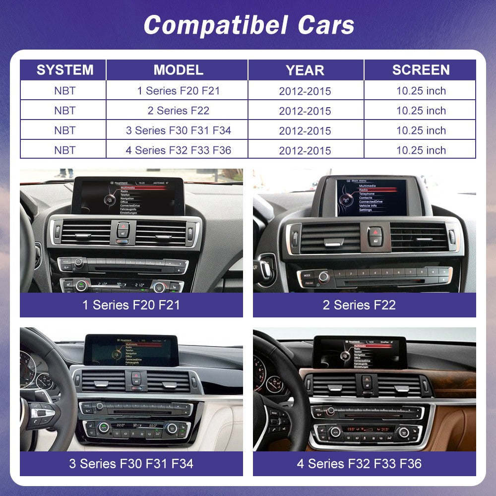 Tela de toque multimídia 1920*720 para BMW Série 1/2/3/4 F20/F21/F22/F30/F31/F33/F34/F36, sistema Android Auto NBT com Carplay sem fio
