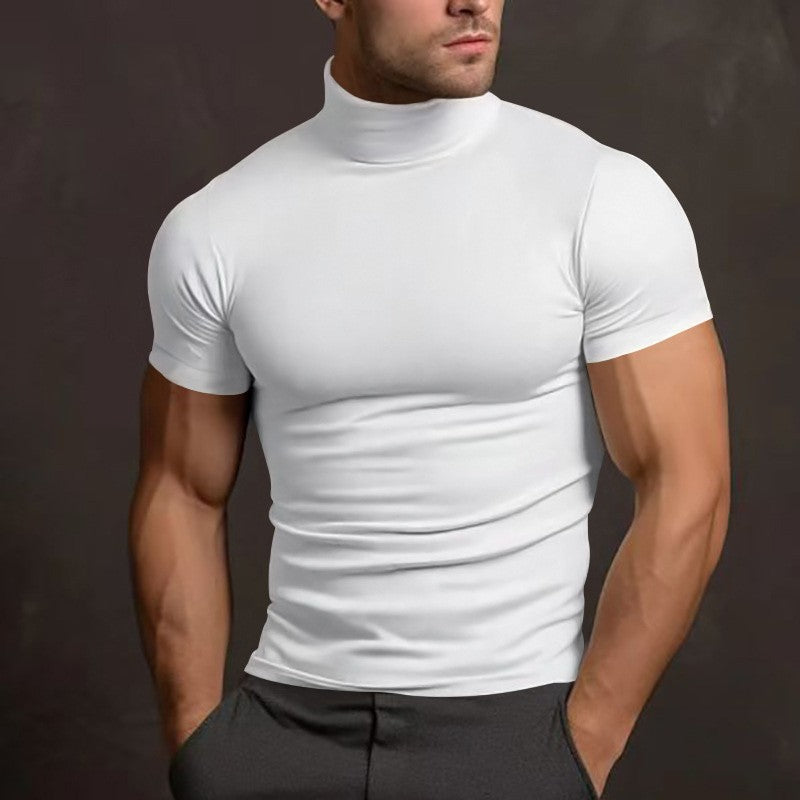 Cross-border Amazon 2024 summer solid color short-sleeved fashion bottoming shirt men's tight turtleneck T-shirt