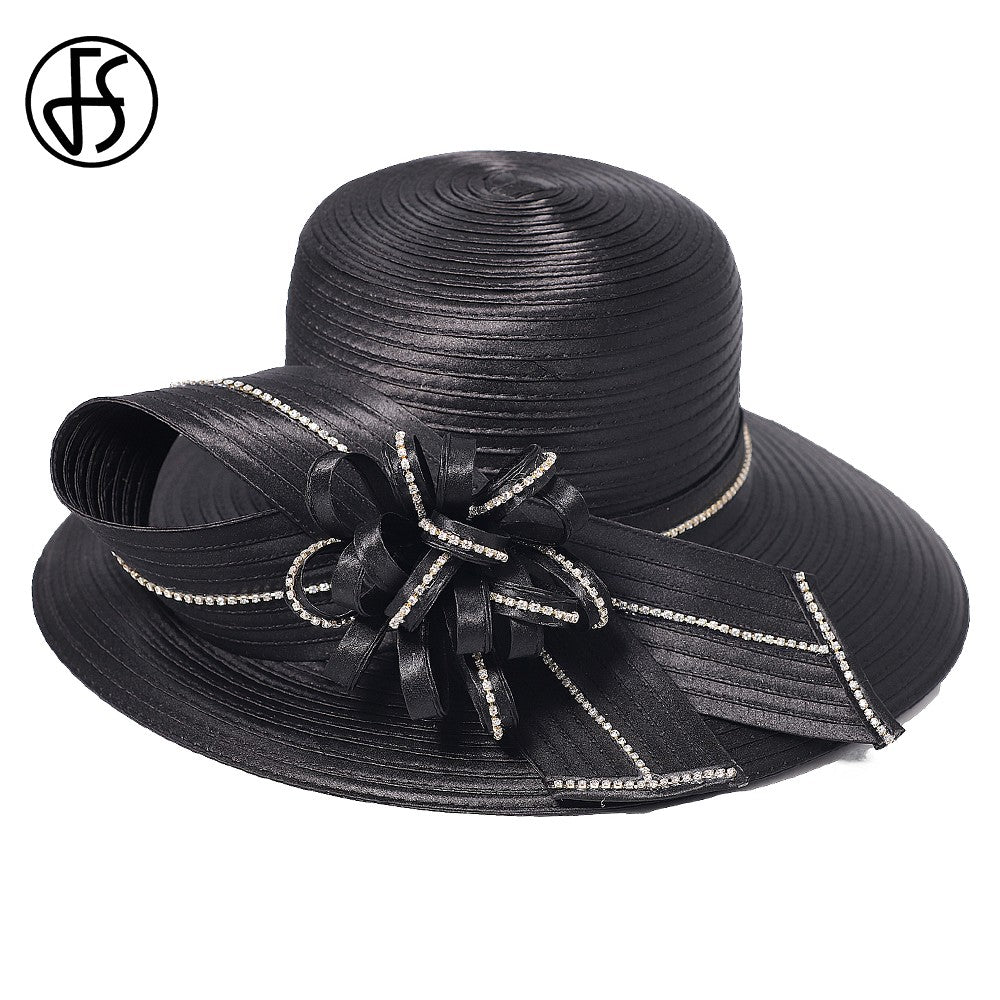 Chapéu Fedora Feminino Elegante Preto Vestido Formal Senhora Igreja Coquetel Chá Festa Chapéus Derby para Mulheres Laço Flor Aba Larga Chapéus Cloche