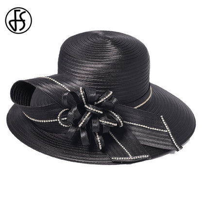Chapéu Fedora Feminino Elegante Preto Vestido Formal Senhora Igreja Coquetel Chá Festa Chapéus Derby para Mulheres Laço Flor Aba Larga Chapéus Cloche